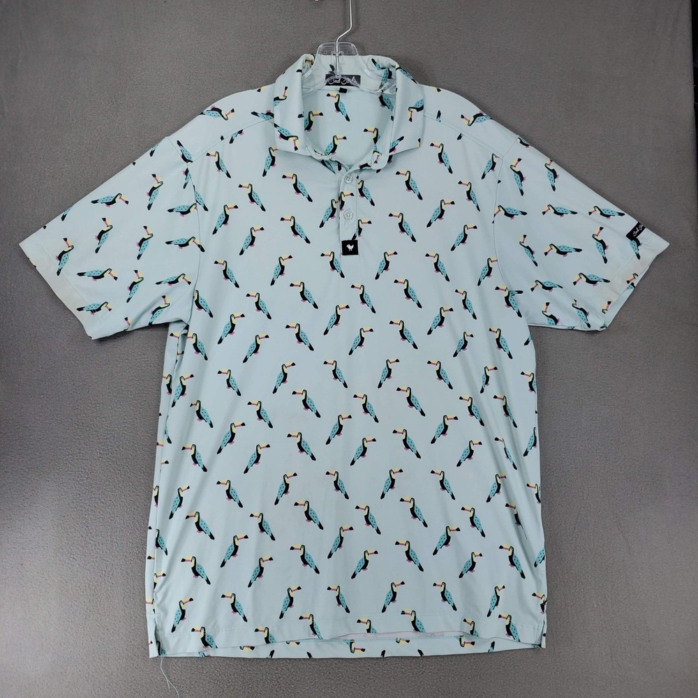 Bad Birdie Polo Shirt Mens L Blue Toucan Print Golf Performance Stretch S/Sleeve